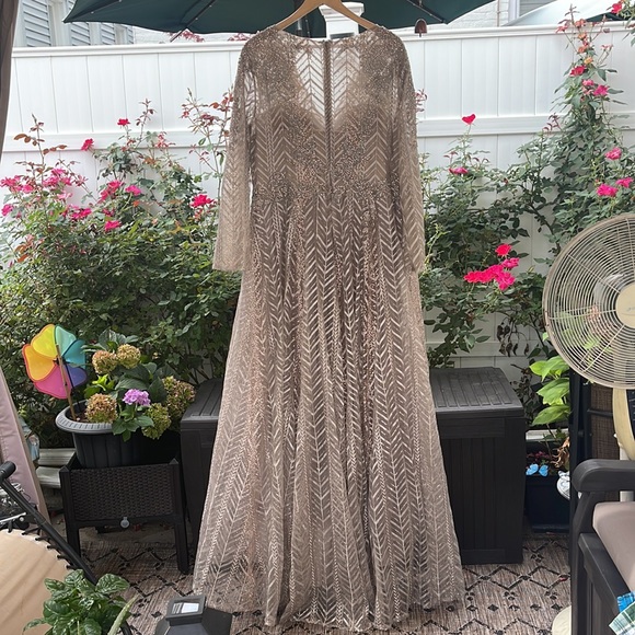 Ieena Mac Duggal - Embellished Illusion Long Sleeve Taupe A-line Gown - Picture 11 of 17